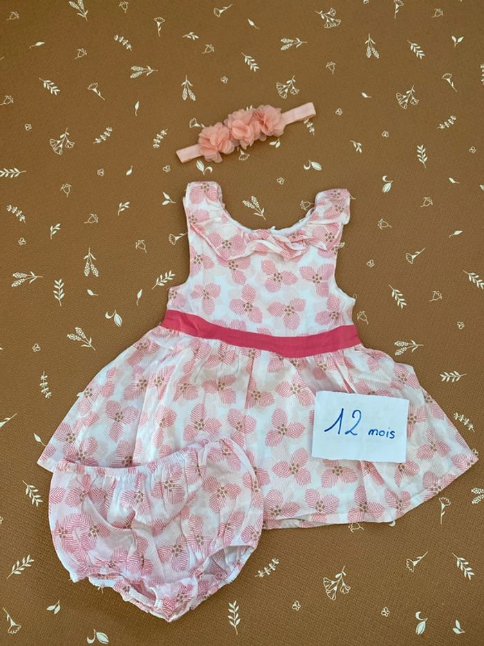Robe + bloomer + bandeau 12 mois - fleurs rose
