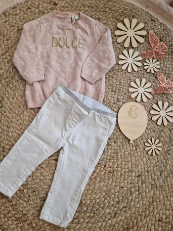 Ensemble pull rose et jean blanc TAO bebe fille 6mois