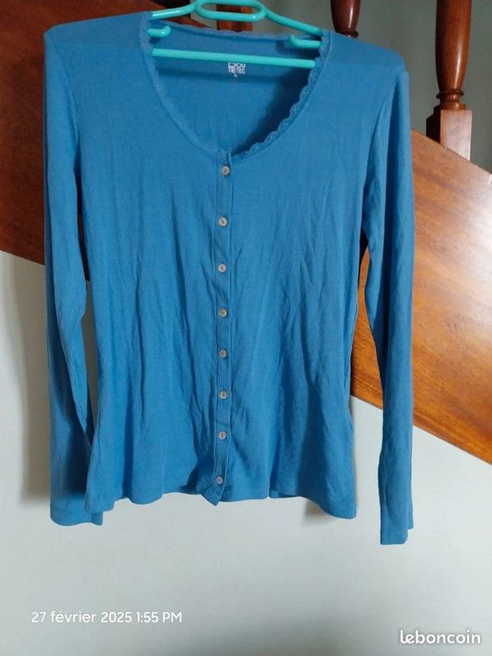 T-shirt boutonné manches longues, détail dentelle - Couleur Bleu - Taille XL - La Redoute Collection - photo numéro 5