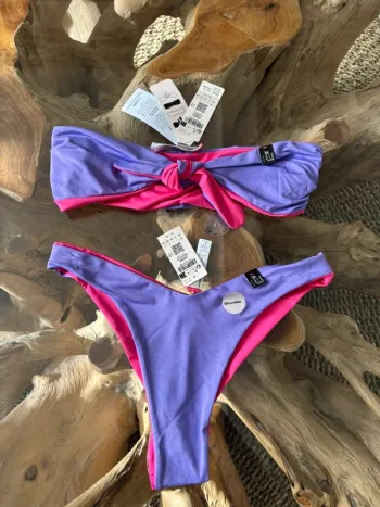 Maillot de bain Etam 2 pièces réversible uni violet rose fushia bandeau