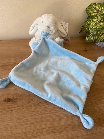 Doudou peluche lapin blanc mouchoir bleu à pois tex neuf