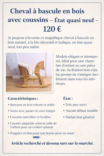 Cheval à bascule en bois avec panier et coussins – État quasi neuf