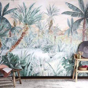 Papier peint panoramique intissé imprimé jungle verte, rose et marron 300x384