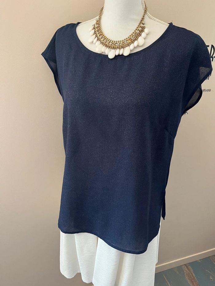 Blouse fluide chic bleu marine pailletée taille L - photo numéro 3
