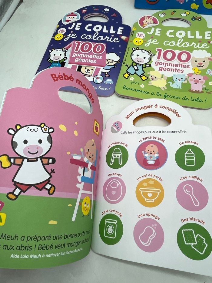 Lot de 4 livres d’activités Magazine Je colle je colorie Avec 100 gommettes géantes imagier neuf avec Lola meuh - photo numéro 3
