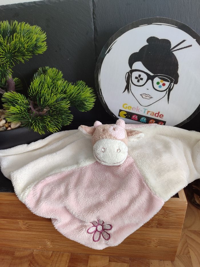 doudou noukie's vache Lola ancien vintage rose jaune crème fleur blanc marron