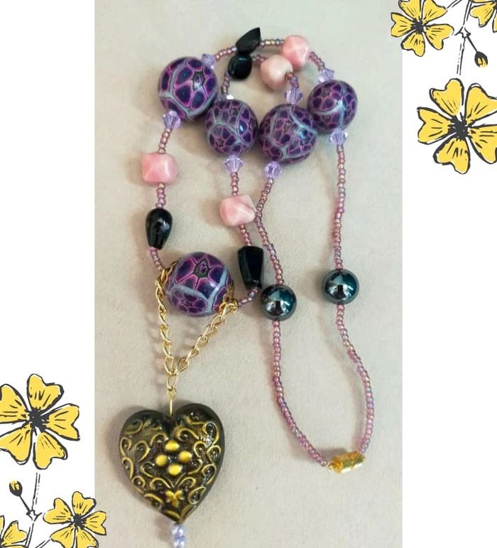 Collier fait main perles polymère & cœur doré – Collection Reflets de Lavande - photo numéro 7