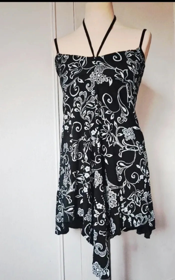 💎robe à bretelles design noir imprimé floral blanc vintage tendance taille 3 L 40