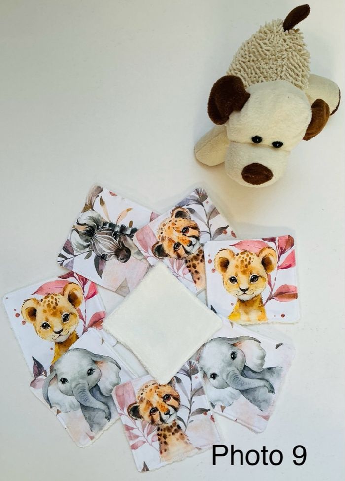 Lingettes lavables X8. Coton/éponge. Animaux savane