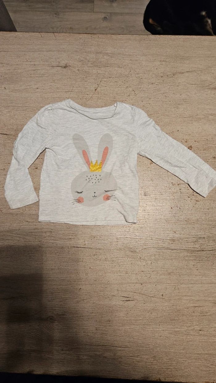 T shirt gris clair, manches longues, avec lapin, Primark, 2/3 ans - photo numéro 2