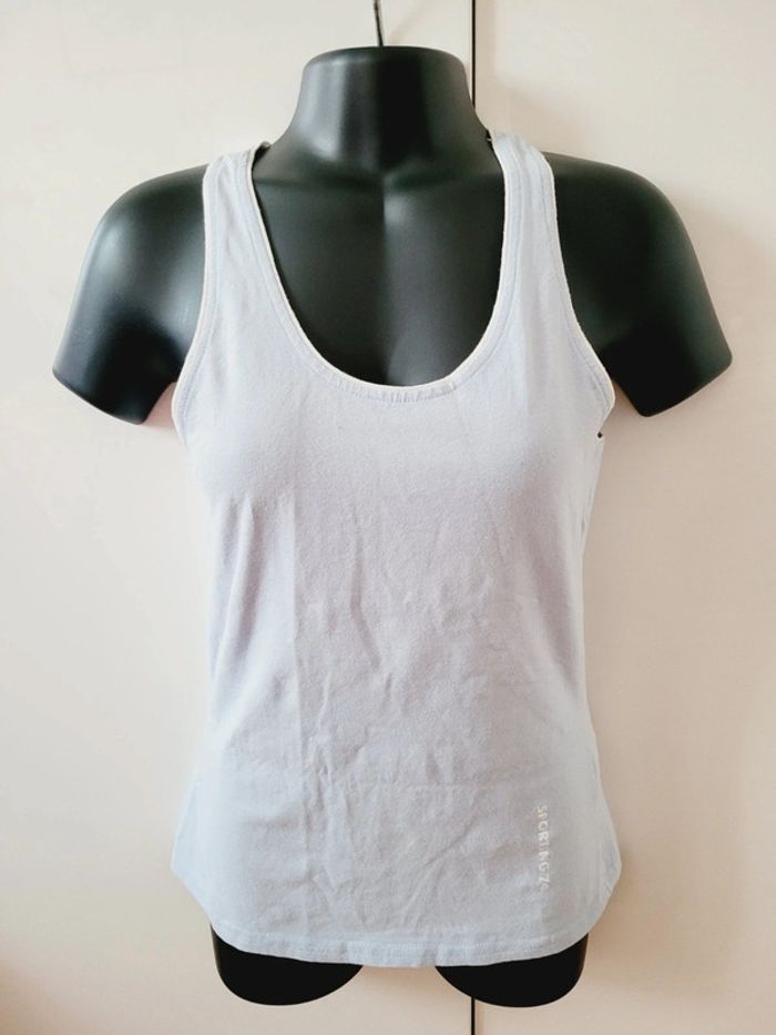 Haut Top tee shirt débardeur bleu ciel pastel blanc Mim taille XS 34 en 100% coton coquette