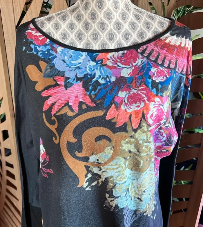 Blouse tunique SMASH fluide noir gris motif à fleurs coloré taille XL extensible - photo numéro 2