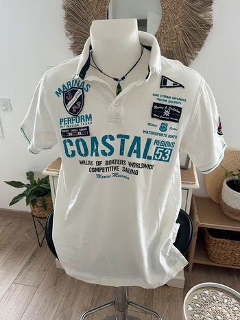 T-shirt manches courtes de type polo maille piquée blanc et bleu marin Sailing