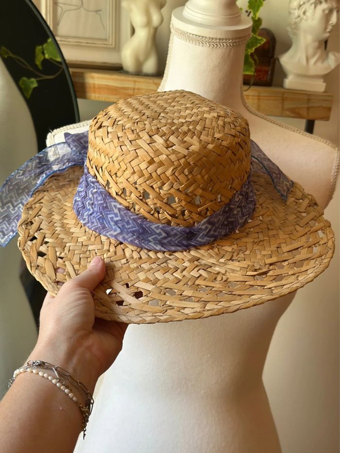 Chapeau en paille ruban imprimé bleu modèle vintage fabriqué en Italie T.U - photo numéro 11