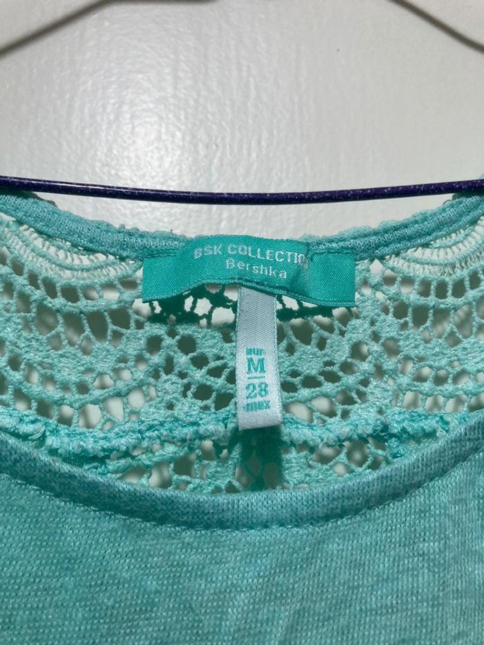 T shirt ajourée en lin - vert d’eau - Bershka - photo numéro 3