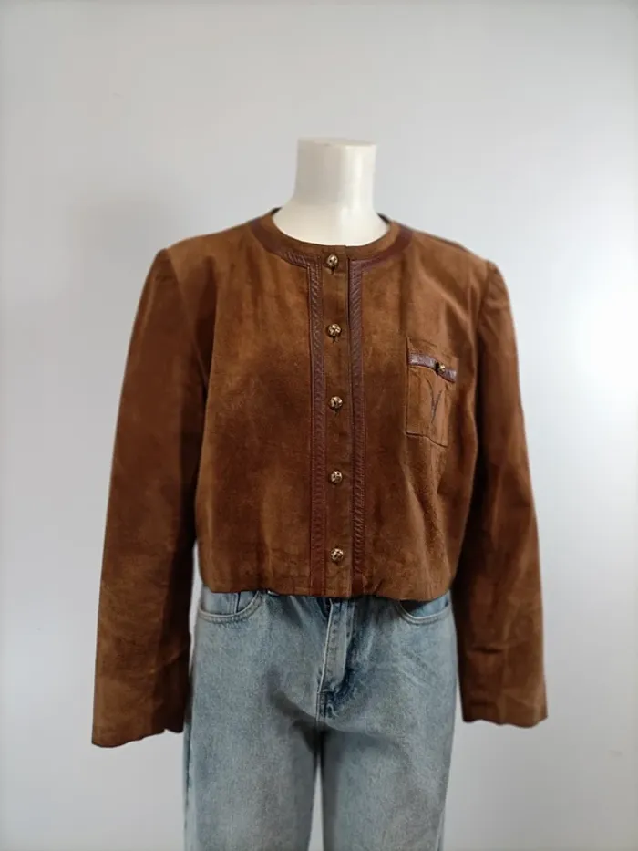 Veste courte en croûte de cuir vintage - taille 42 - tailleur Gérard Galliaerde A282