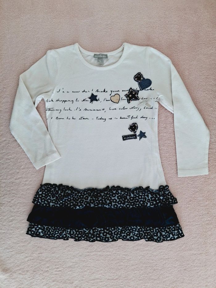 Robe Miniman 3 ans bi matière manches longues avec jupe à volant, blanc et marine