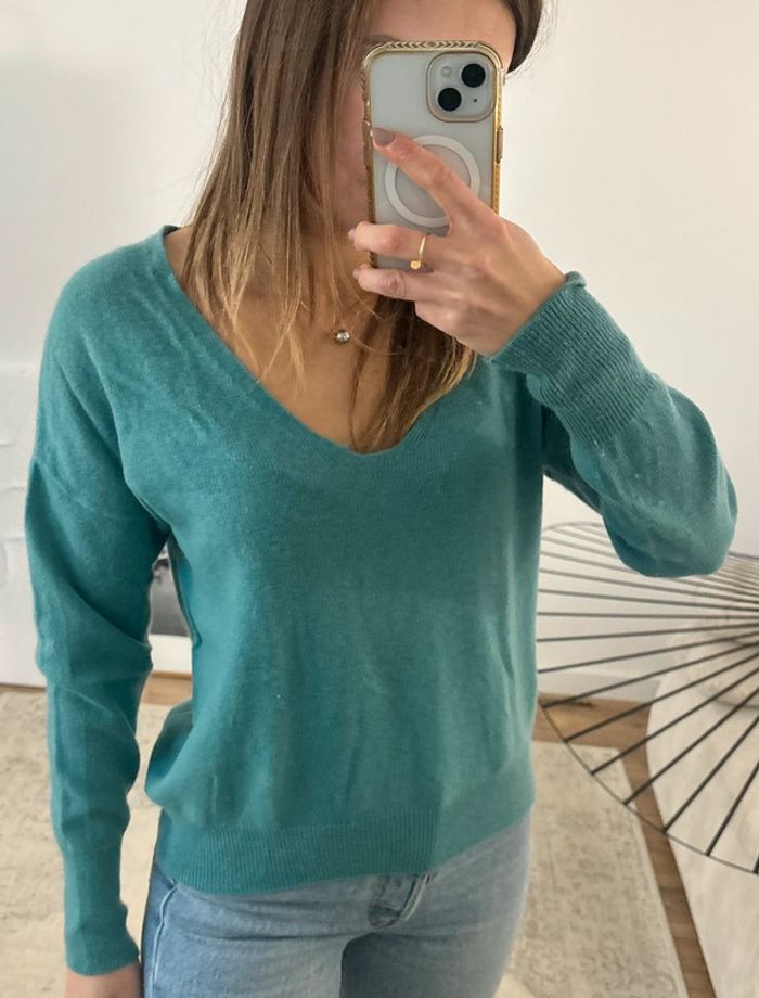 Pull col V en cachemire bleu turquoise Caroll femme taille S - FR36 - W26 - photo numéro 2