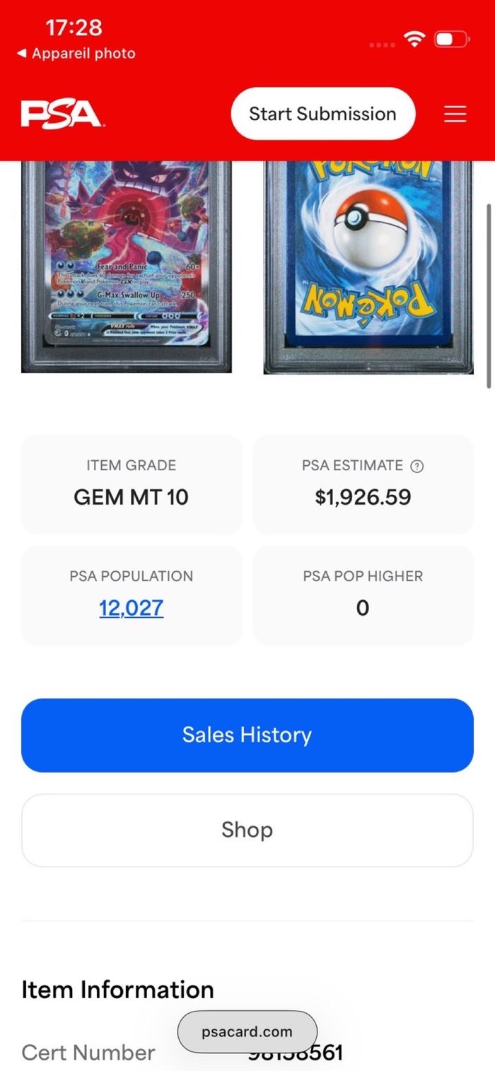 Carte Pokémon Gengar VMAX Secret Rare – PSA 10 GEM MINT - photo numéro 5