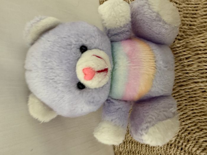 Ancienne peluche ours bleu jaune vert rose