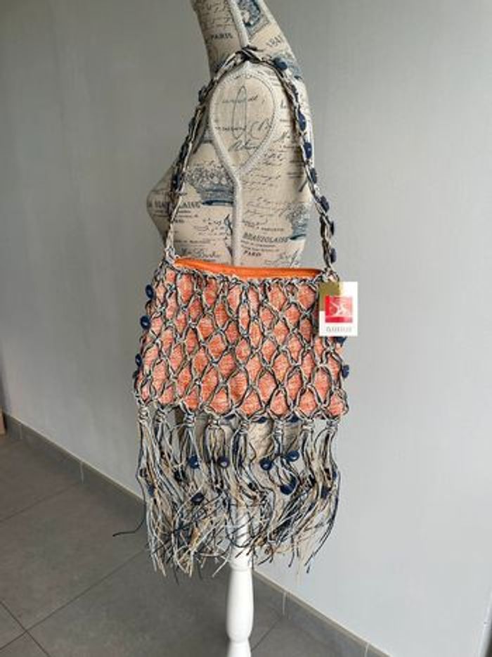 Petit sac raphia (21x30cm) marine et corail - photo numéro 2