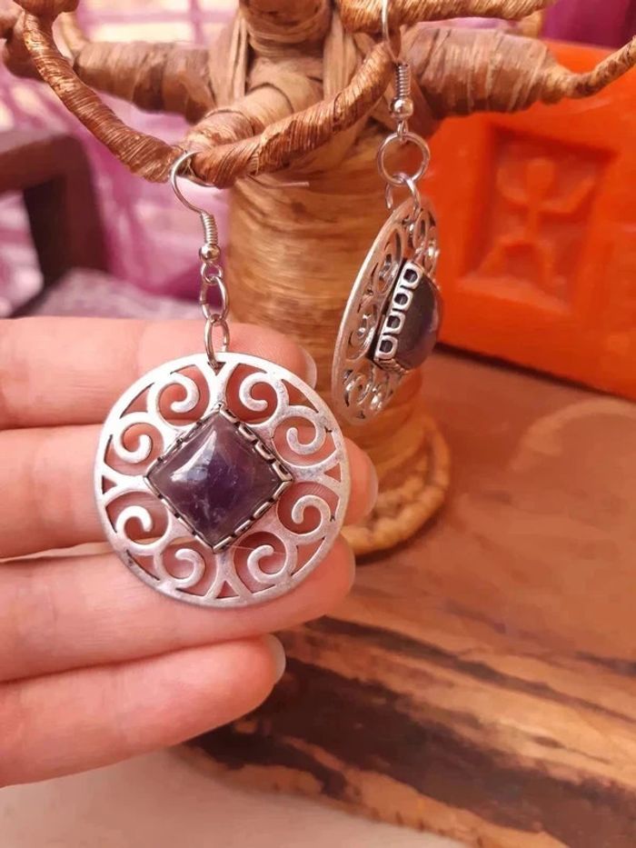 Boucles d'oreilles améthyste neuve - photo numéro 3