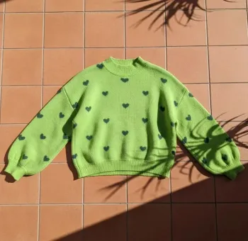 Pull vert à cœurs imprimés, manches longues, taille M, rétro cute bohème