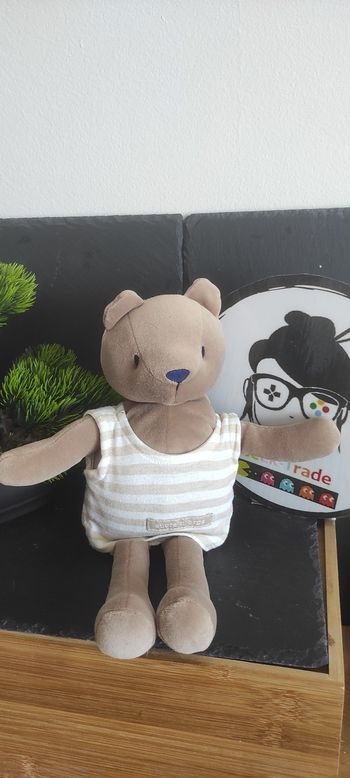 Doudou ours Sucre d'orge marron tee shirt  peluche rayé beige bleu Ancien Rayure