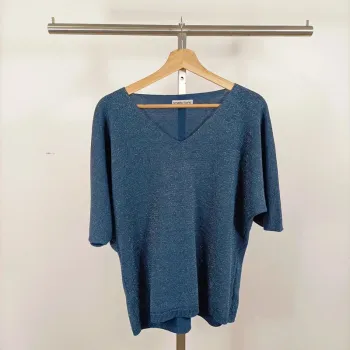 Top bleu irisé Renatto Bene col V manches chauve-souris made in Italy taille 38 A1029