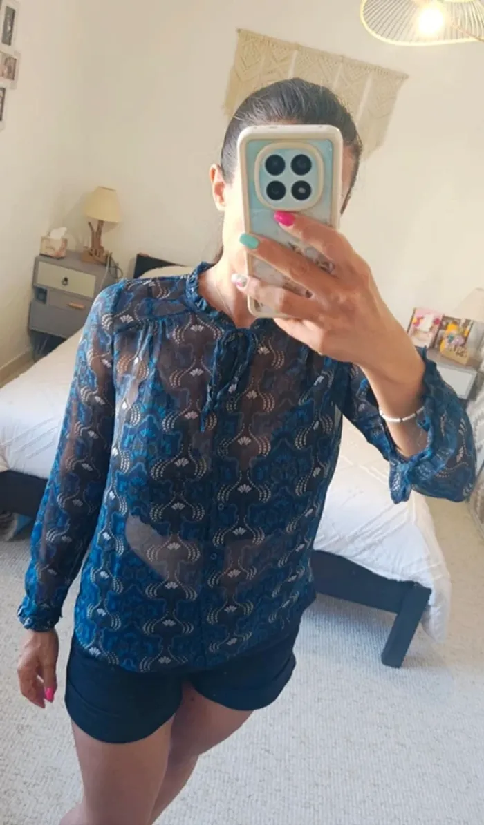 Blouse chemisier en voile transparent Naf Naf bleu vert 36 léger fluide - photo numéro 3