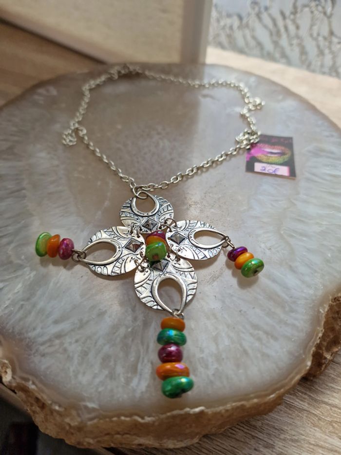 Collier Vintage Ethnique Boheme Argenté Perles Multicolore - photo numéro 11