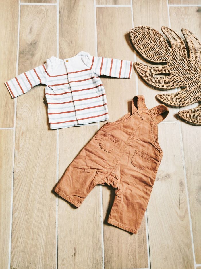 🐰Orchestra - Ensemble salopette marron et t-shirt à rayures motif lapin-taille 18mois - photo numéro 2