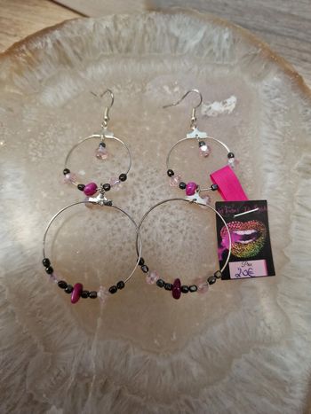 Boucles D'oreilles Creoles Pendantes Argentées Perles De Verre Hematite Coquillages