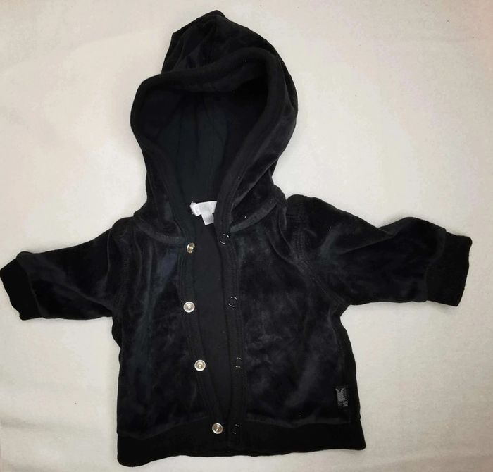 Veste 👣 sweat noire velours et tissu à capuche Kitchoun 1mois/54cm - photo numéro 3