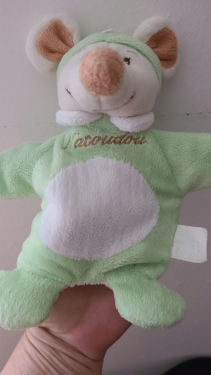 souris marionnette cmp éveil et tendresse doudou vert blanc natoudou peluche - photo numéro 5