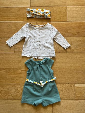 👶 Ensemble bébé fille 6 mois Obaïbi 3 pièces barboteuse combishort teeshirt bandeau manches longues