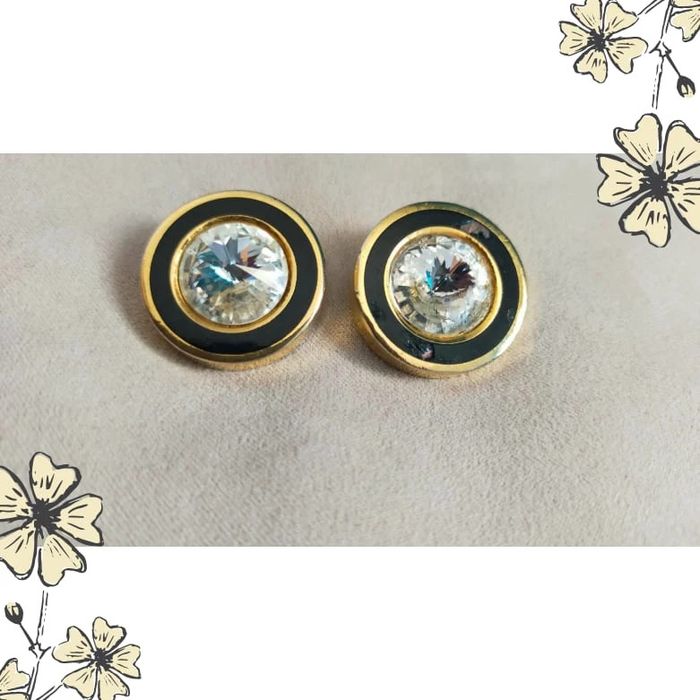 Boucles d’oreilles vintage à clip – Cristal & noir émaillé – Rondes dorées