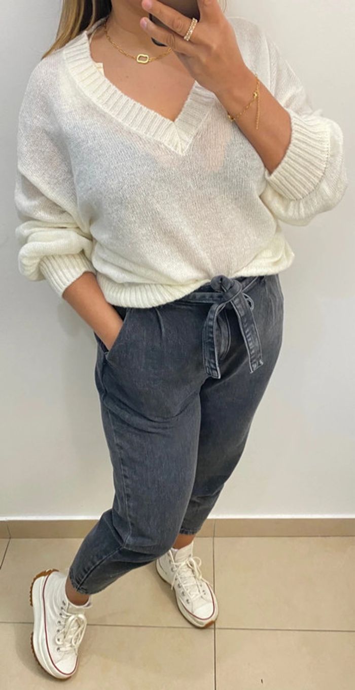 Superbe Pull Crème Maille Fine Col V Taille Unique - photo numéro 3
