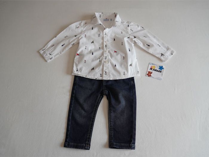 Ensemble Mayoral 9 mois : Pantalon en Jean + Chemise blanche fantaisie
