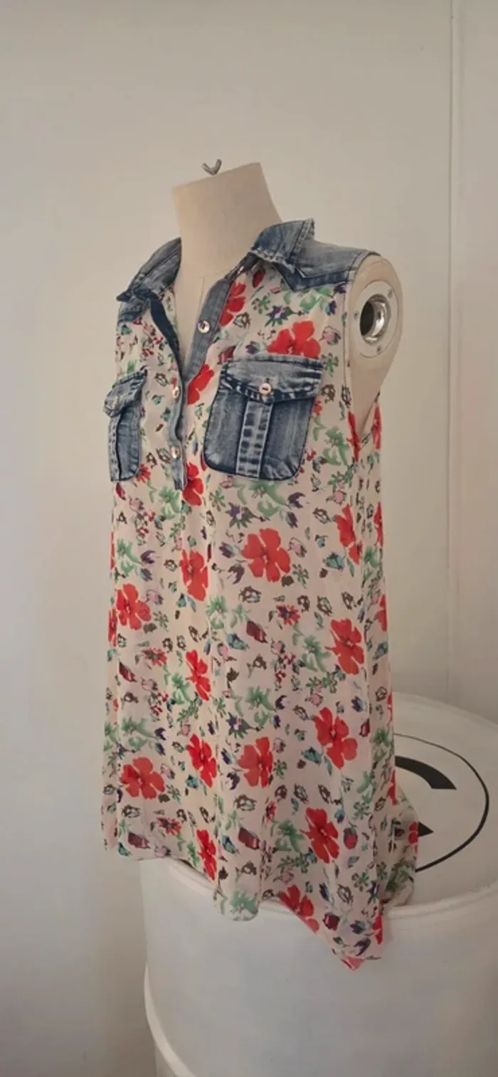 Debardeur denim et voilage fleuri - photo numéro 6