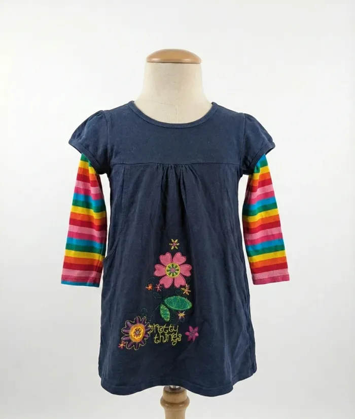 Robe Tunique Bleu Marine & Manches Arc-en-ciel - 3-4 Ans (104 cm) - Coton