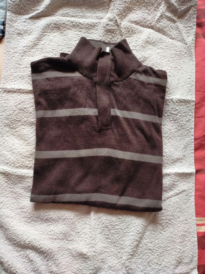 Pull col camionneur rayé marron beige