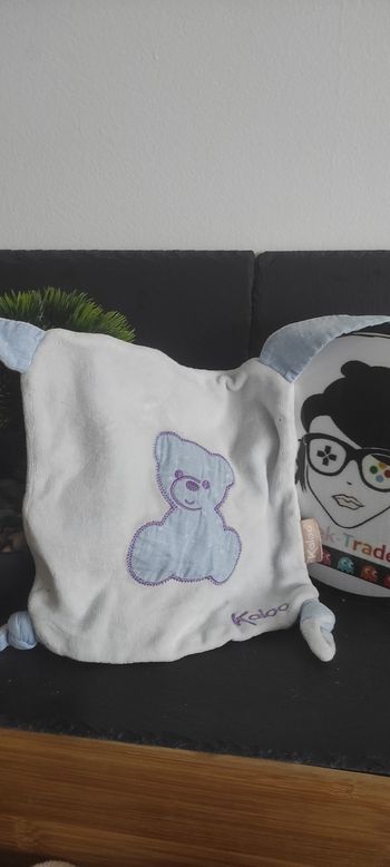 Doudou plat ours bleu blanc violet ourson mauve Kaloo Ancien Vintage Noeud