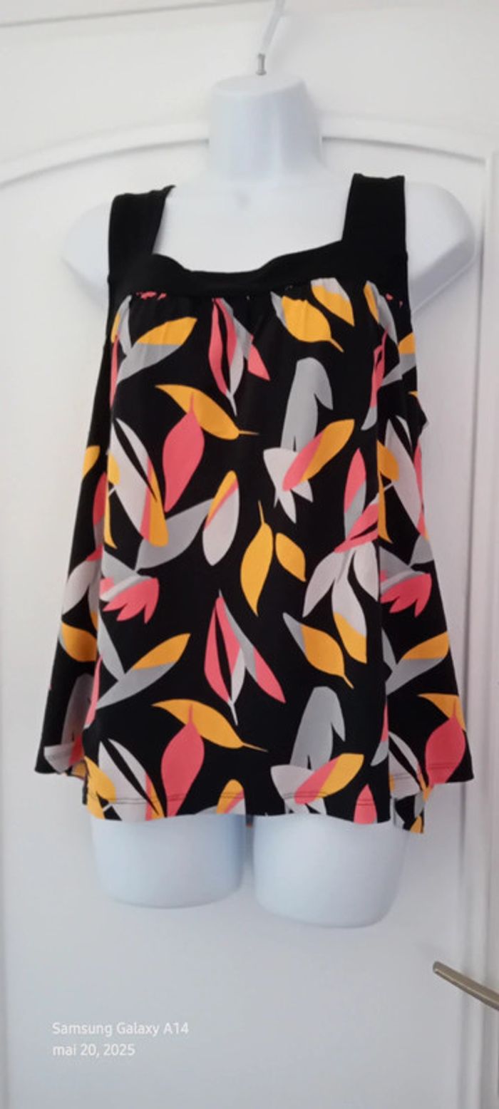 Tunique débardeur motif feuillages coloré noir femme 46 blanche porte - photo numéro 3