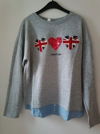 Pull chemise gris à coeurs London - sequins - taille M - neuf