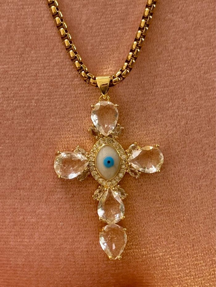 Collier habaha Paris chaîne épaisse réglable grosse croix œil bleu gros cristaux - photo numéro 4