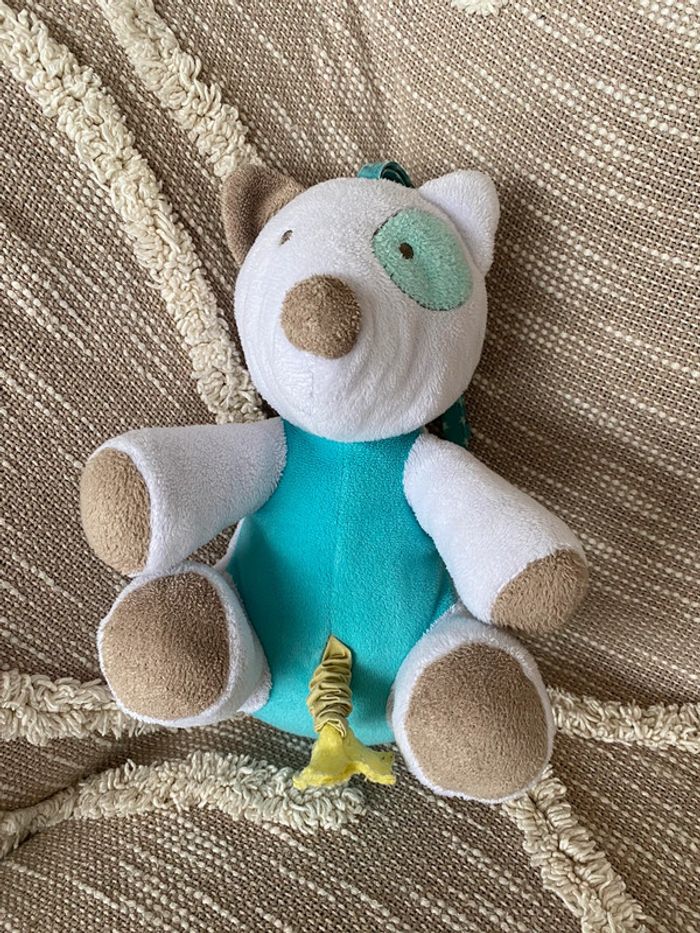 Peluche doudou musical 28cm Bébé 9 renard blanc et bleu très bon état - photo numéro 3