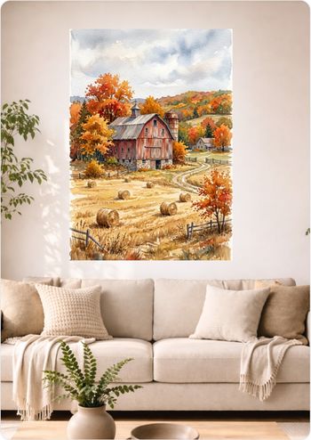 Affiche murale aquarelle “Ferme Automne” déco campagne A3 Sans cadre