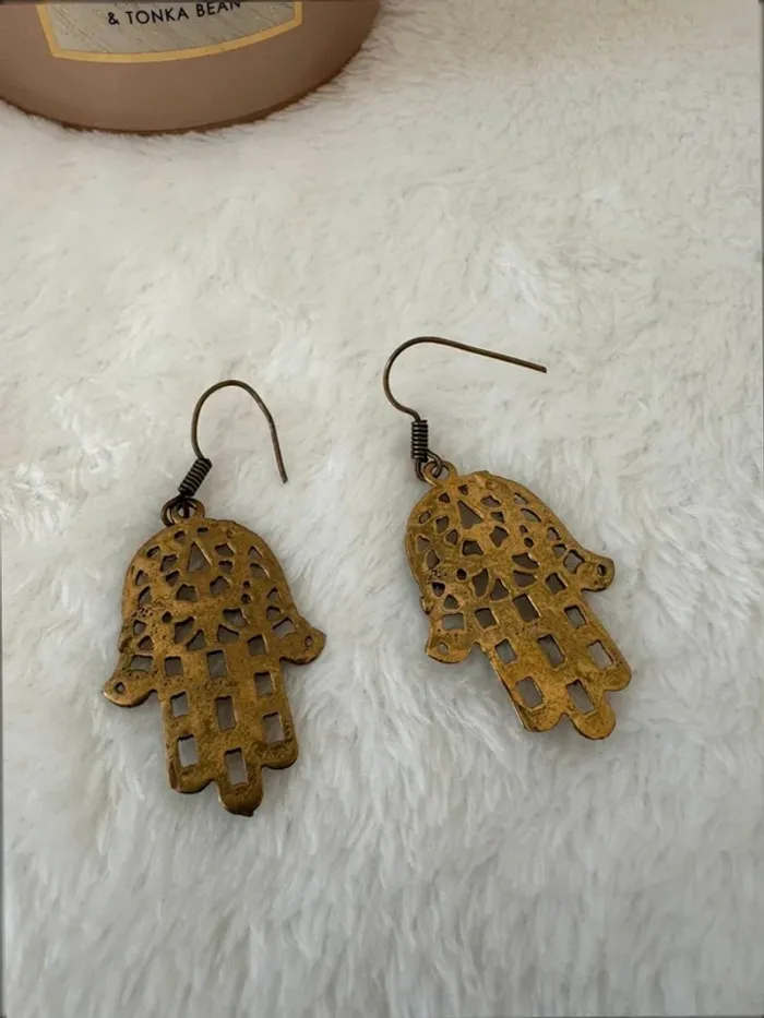 Boucles d’oreilles pendantes main Hamsa vintage bronze boho - photo numéro 4