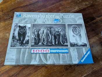 Magnifique puzzle noir & blanc Panthère éléphant lion tryptique Ravensburger 1000 pièces neuf